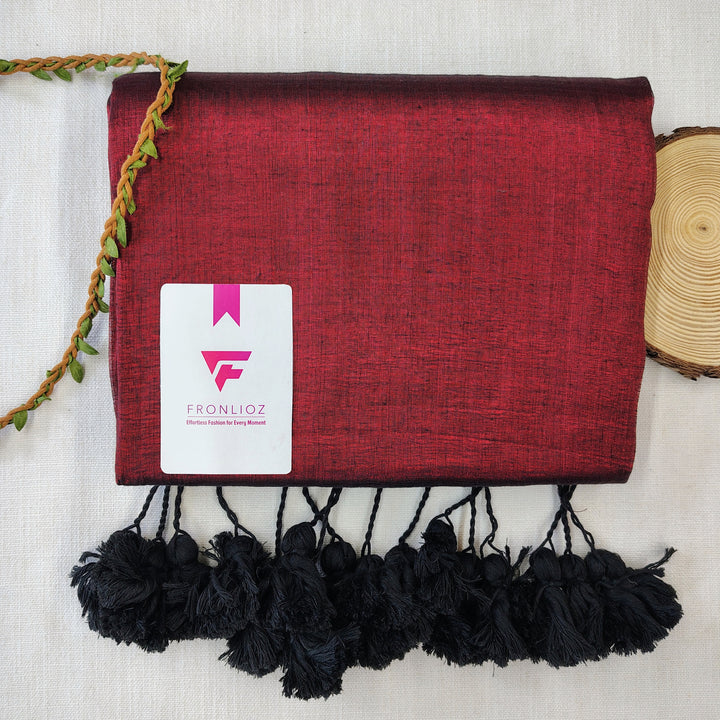 Marron And Black Pom Pom Handloom Raga Tissue Saree-Fronlioz