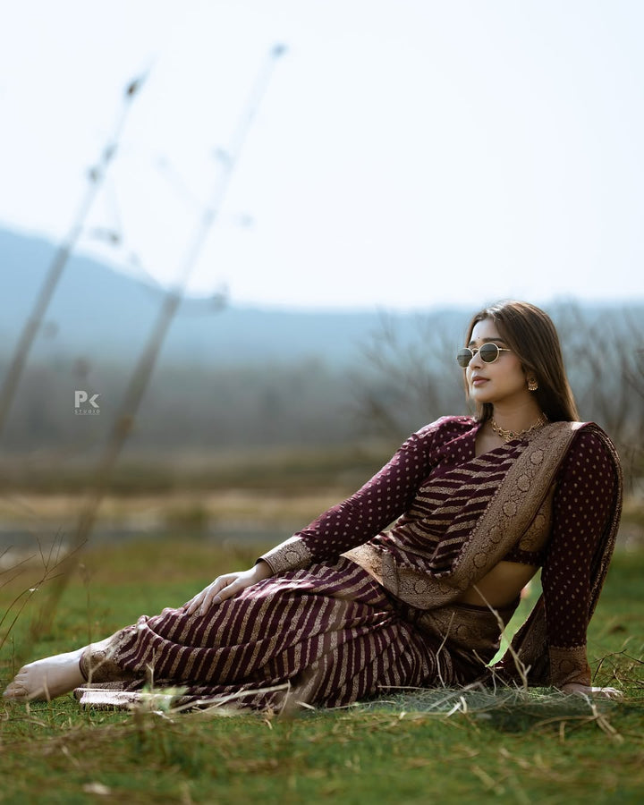 Exceptional Wine Soft Silk Saree With Cynosure Blouse Piece-Fronlioz