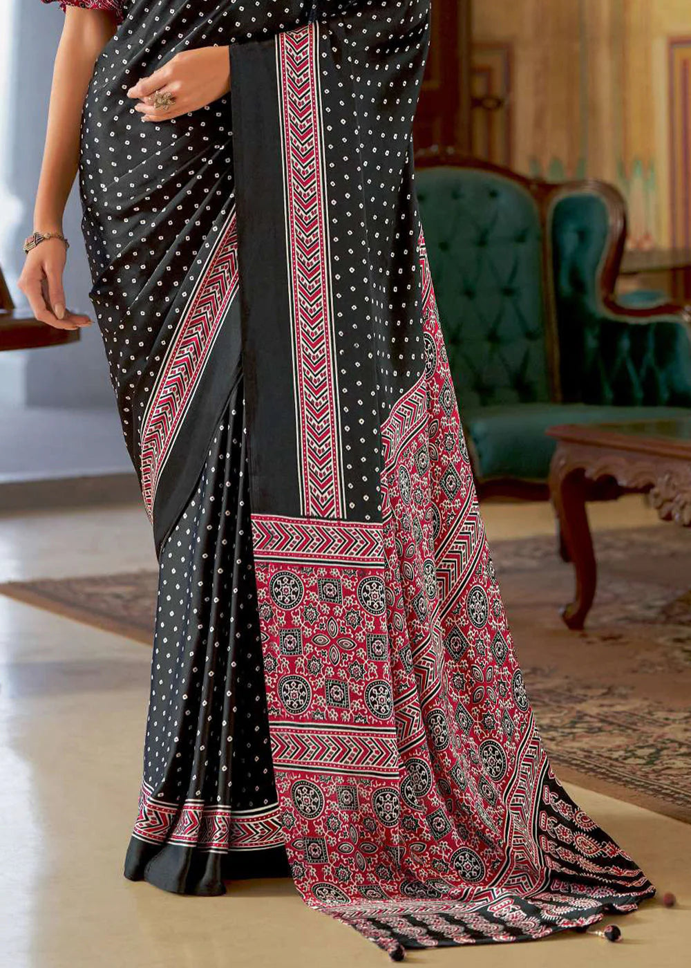 Black Bandhni New Ajrakh Printed Satin Crepe Saree