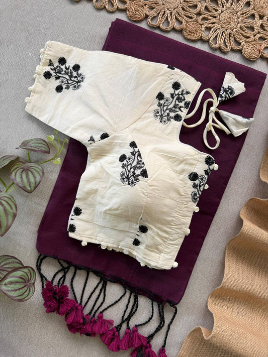 Wine Khadi Cotton Saree With Embrodery Work Stitched Blouse