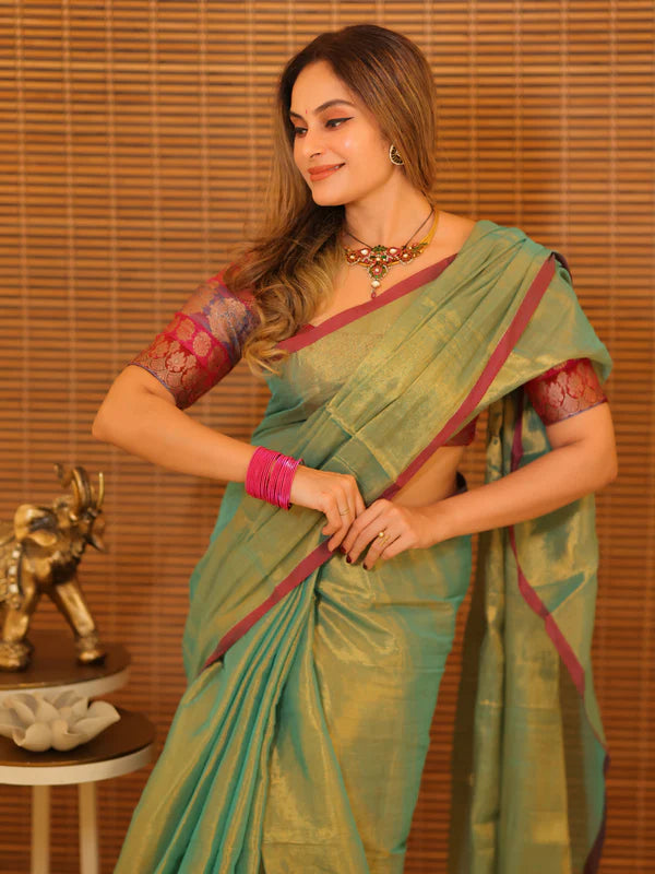 GOLD GREEN Tissue Mul Saree