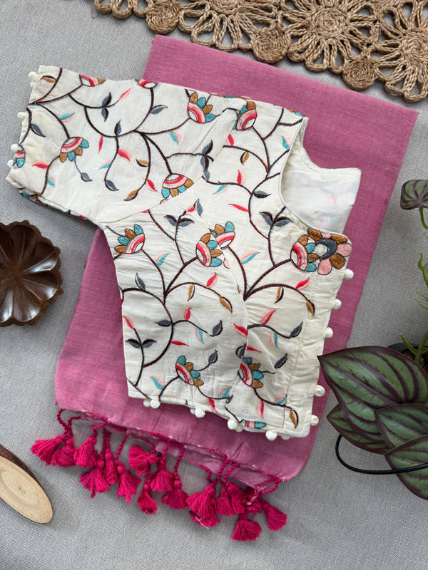 Baby PInk Khadi Cotton Saree With Embrodery Work Stitched Blouse