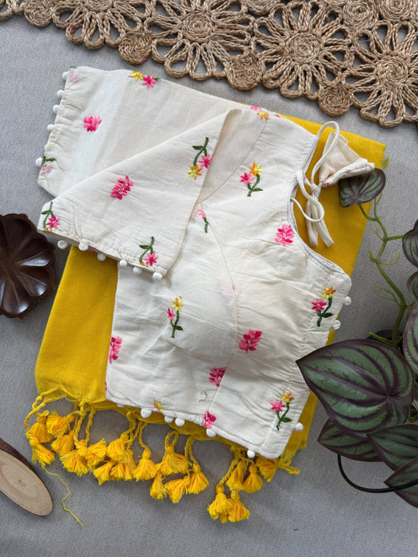 Yellow Khadi Cotton Saree With Embrodery Work Stitched Blouse