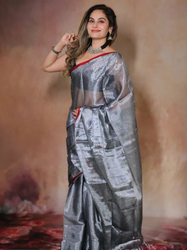 GREY Tissue Mul Saree