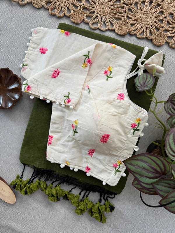 Olive green Khadi Cotton Saree With Embrodery Work Stitched Blouse