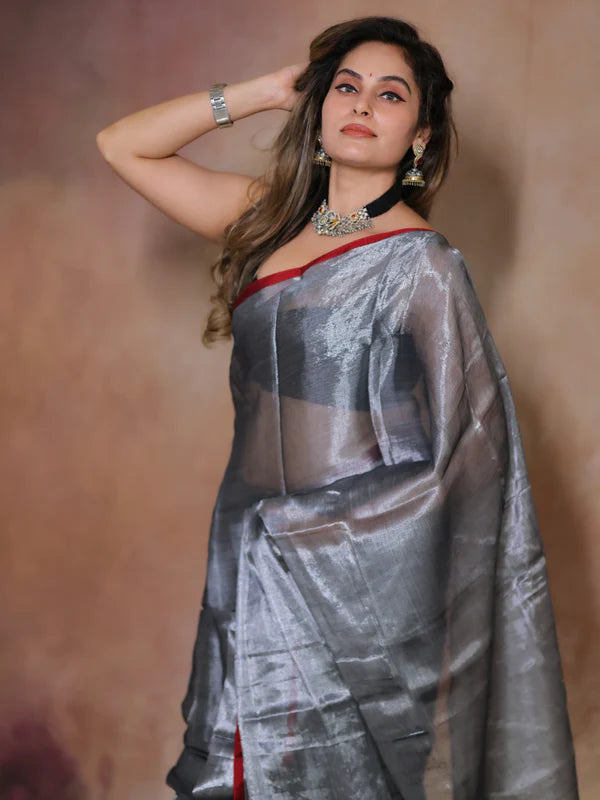 GREY Tissue Mul Saree