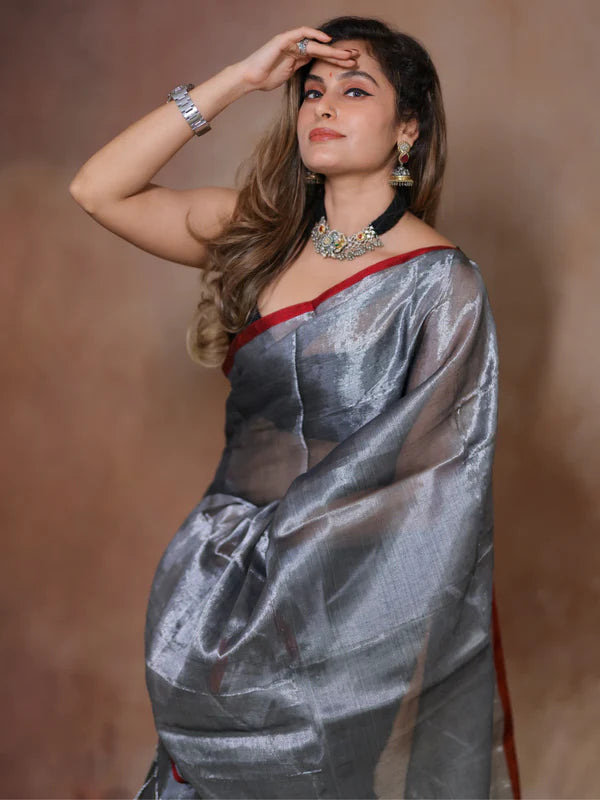 GREY Tissue Mul Saree