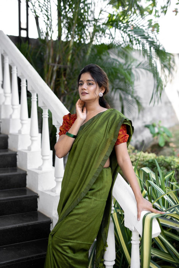 Olive colour traditional looking Chanderi cotton saree