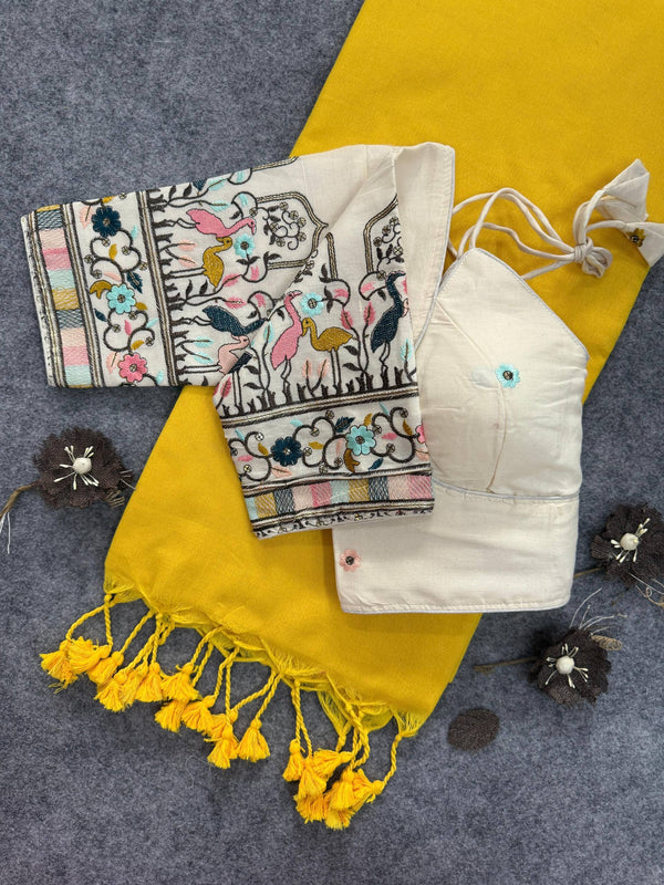 Yellow Handloom Cotton Saree With Embrodery Work Stitched Blouse