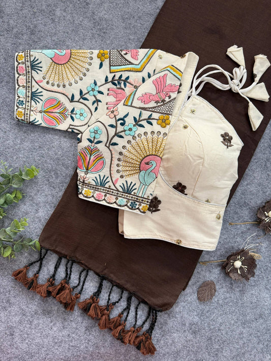 Brown Handloom Cotton Saree With Embrodery Work Stitched Blouse