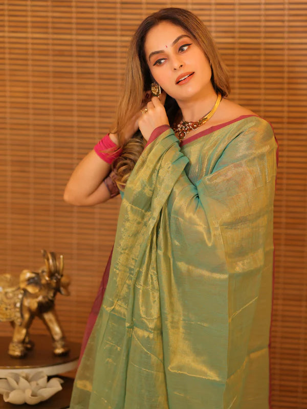 GOLD GREEN Tissue Mul Saree