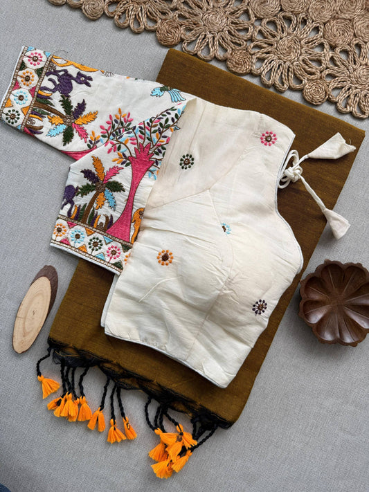 Vanika Golden Khadi Cotton Saree With Embrodery Work Stitched Blouse