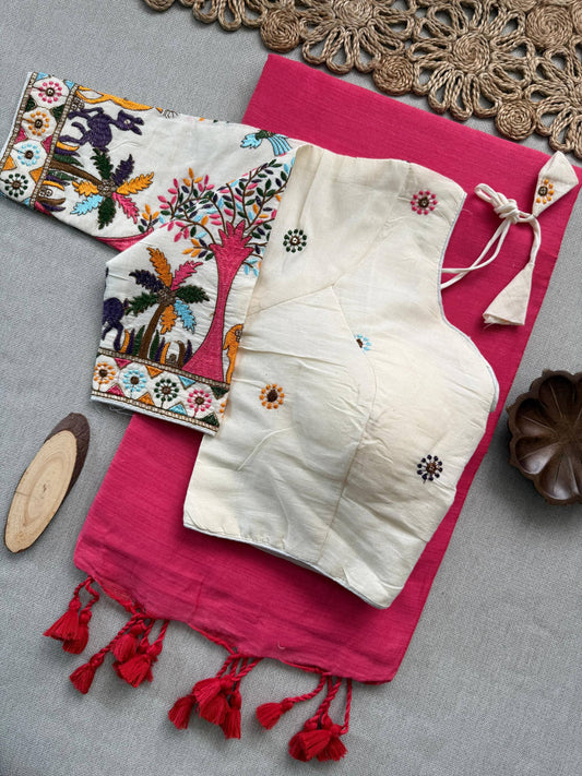 Vanika Pink Khadi Cotton Saree With Embrodery Work Stitched Blouse