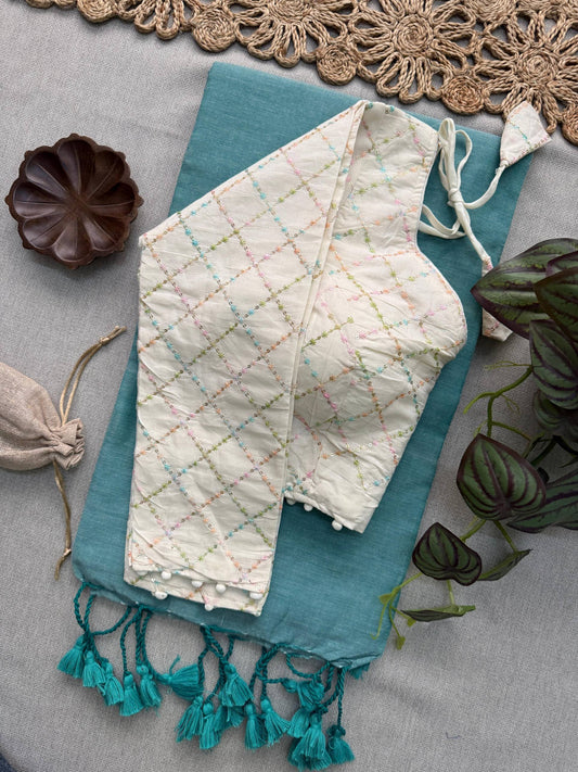 C Green Khadi Cotton Saree With Embrodery Work Stitched Blouse