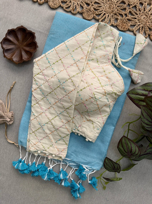 Sky Khadi Cotton Saree With Embrodery Work Stitched Blouse