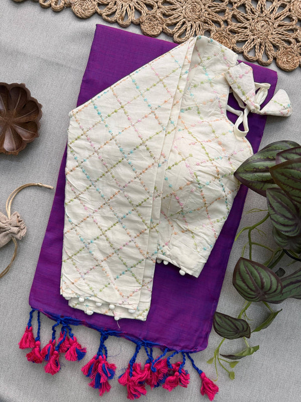 Purple Khadi Cotton Saree With Embrodery Work Stitched Blouse