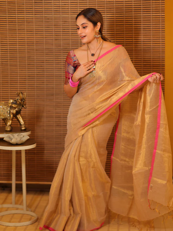 GOLD CREAM Tissue Mul Saree