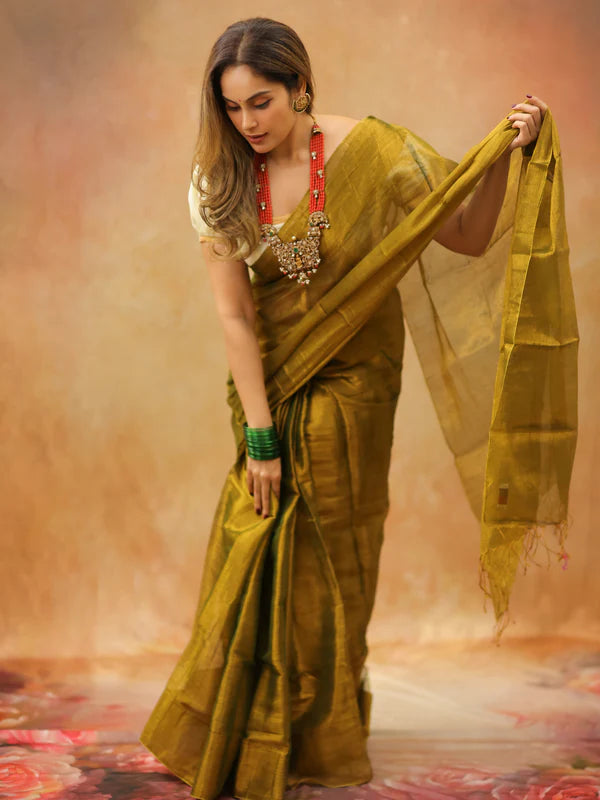 Mustard Yellow Tissue Mul Saree