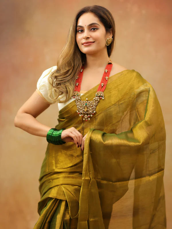 Mustard Yellow Tissue Mul Saree