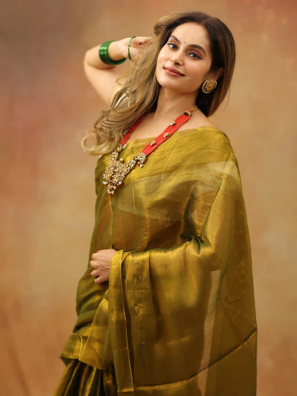 Mustard Yellow Tissue Mul Saree