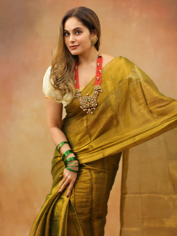 Mustard Yellow Tissue Mul Saree