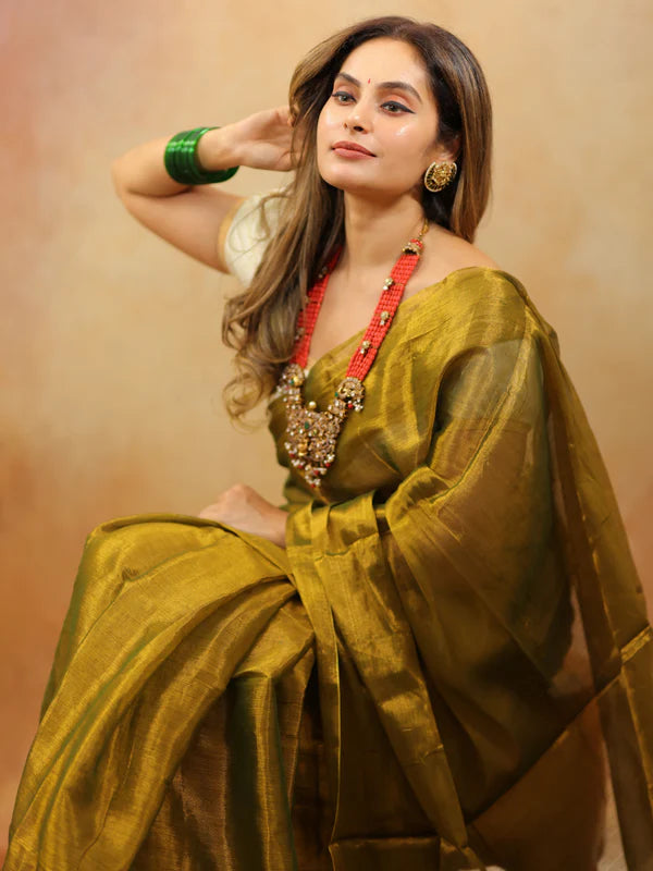 Mustard Yellow Tissue Mul Saree