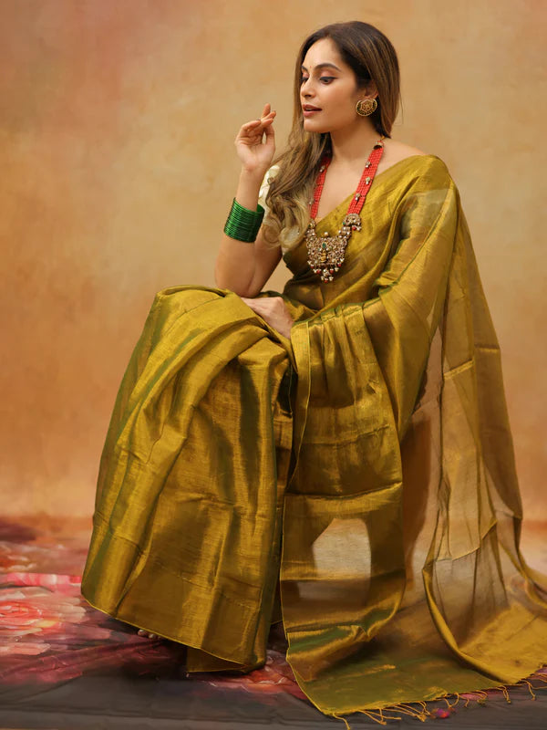 Mustard Yellow Tissue Mul Saree