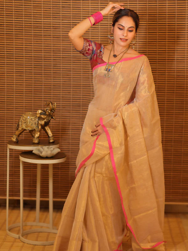 GOLD CREAM Tissue Mul Saree