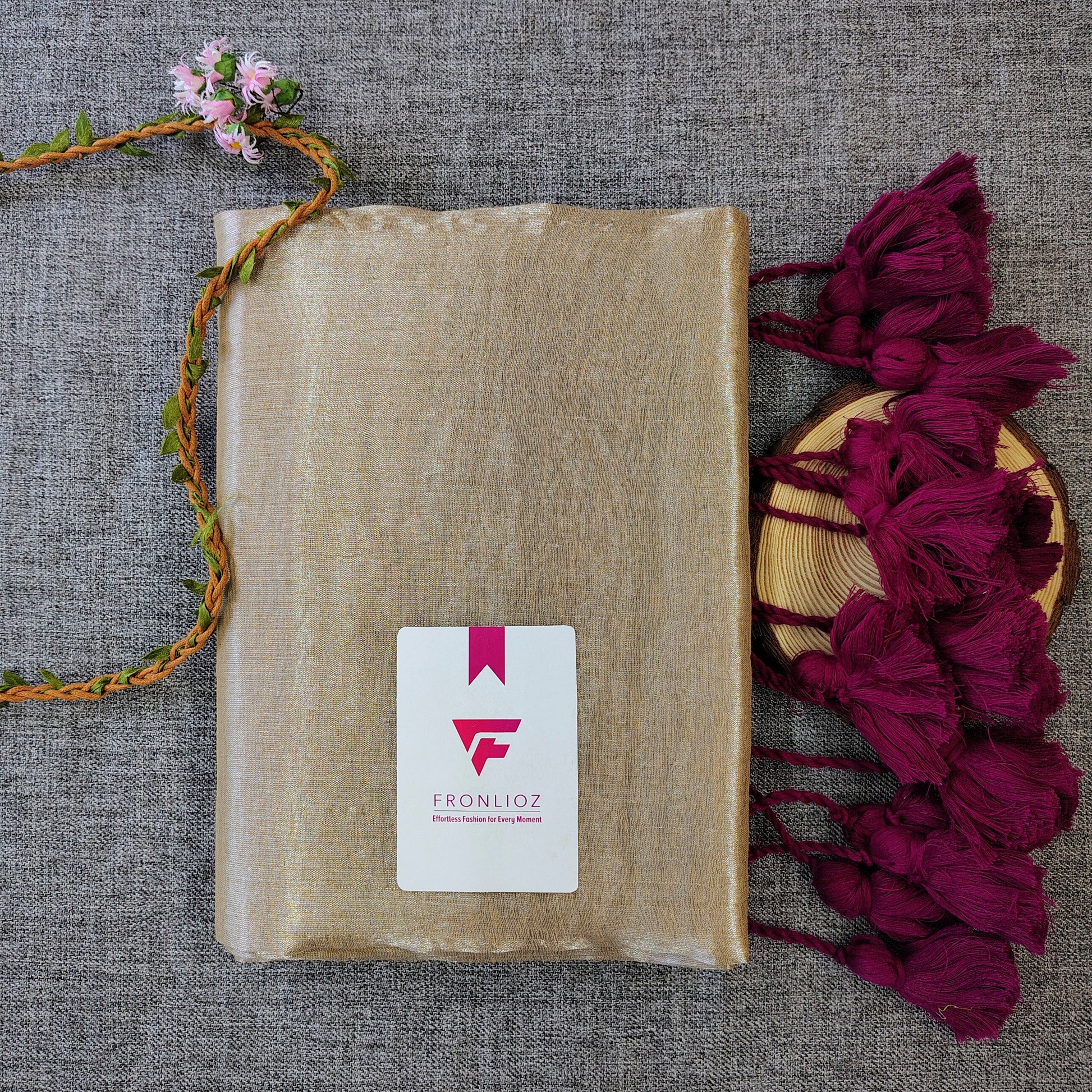 Cream And Purple Pom Pom Handloom Raga Tissue Saree-Fronlioz