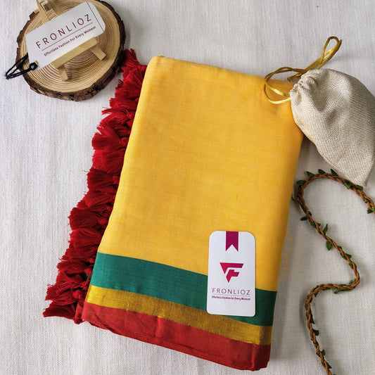 Soft yellow Rama Handloom Khadi Saree-Fronlioz