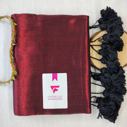 Marron And Black Pom Pom Handloom Raga Tissue Saree-Fronlioz