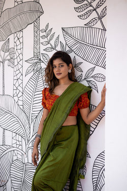 Olive colour traditional looking Chanderi cotton saree