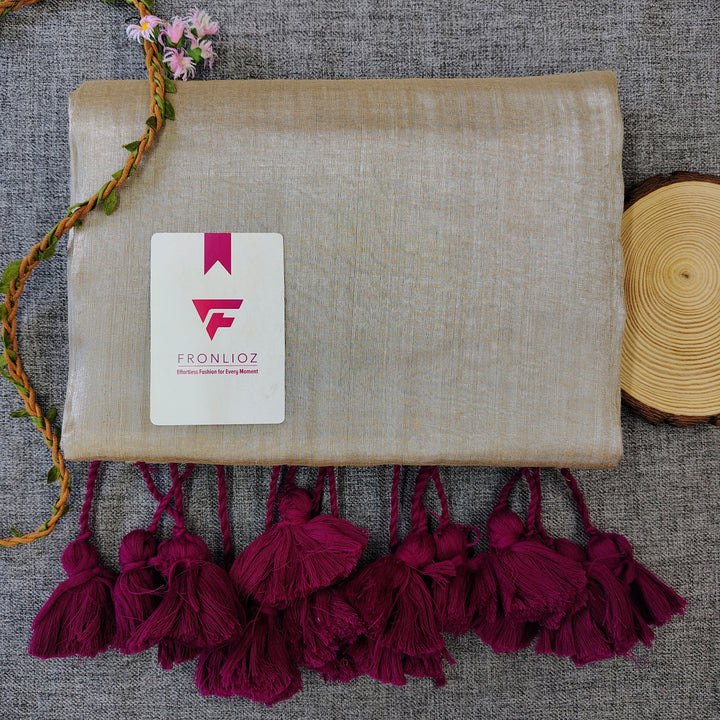 Cream And Purple Pom Pom Handloom Raga Tissue Saree-Fronlioz