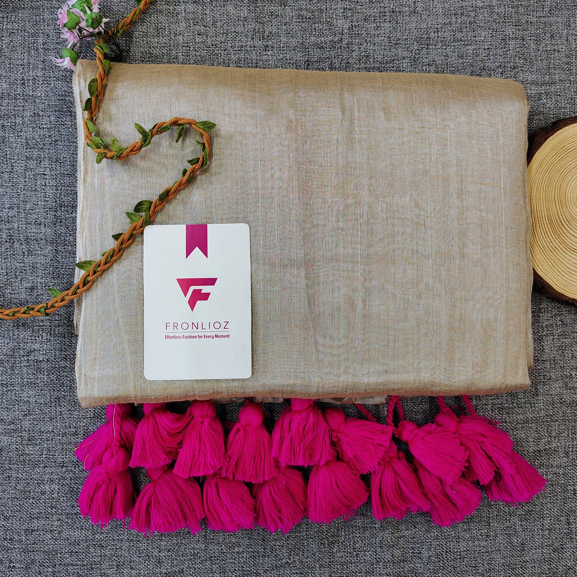 Cream And Pink Pom Pom Handloom Raga Tissue Saree-Fronlioz