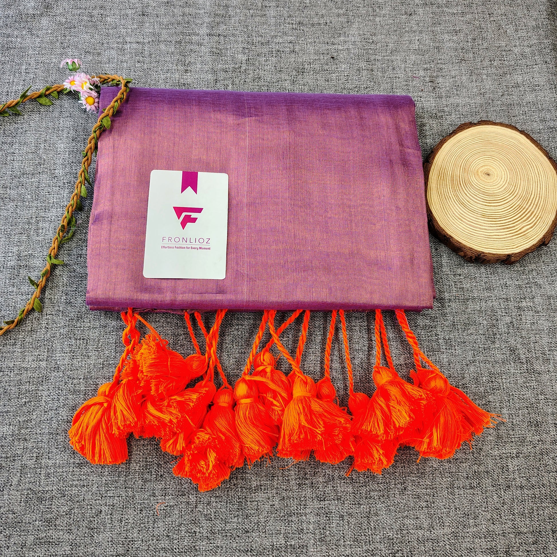 Purple And Orange Pom Pom Handloom Raga Tissue Saree-Fronlioz