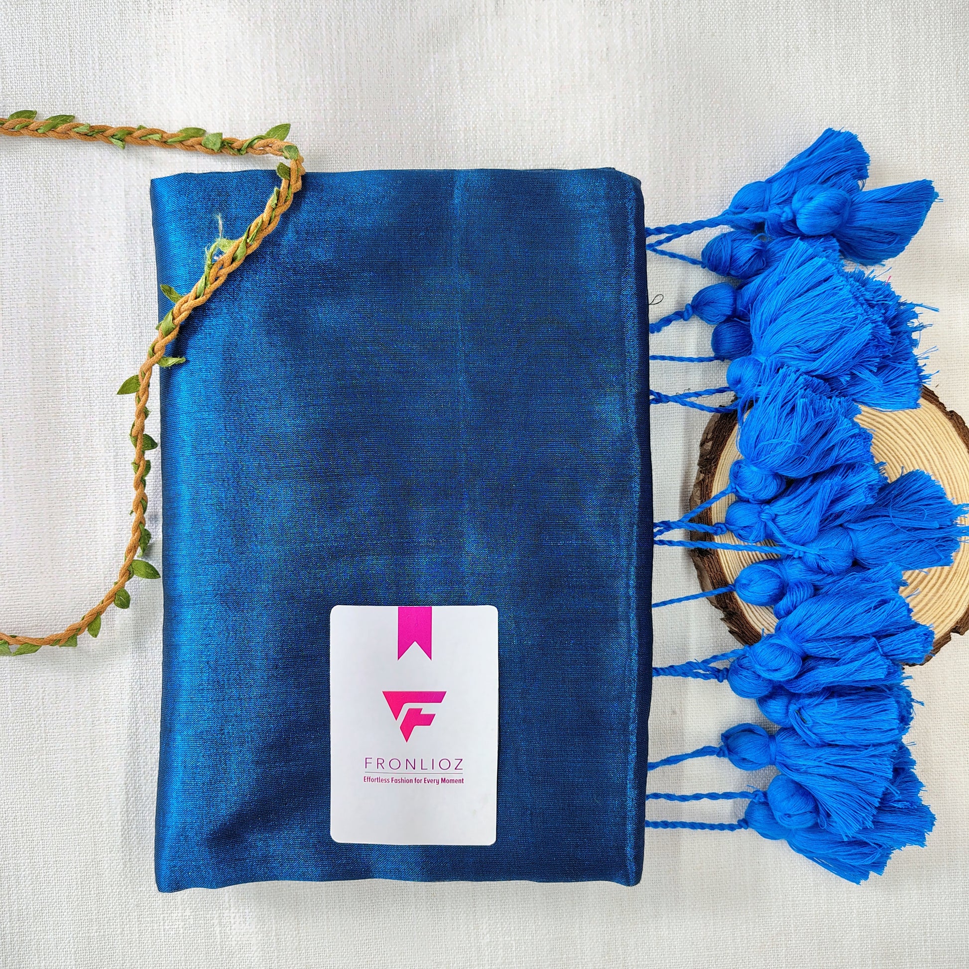 Sky And sky  Pom Pom Handloom Raga Tissue Saree-Fronlioz