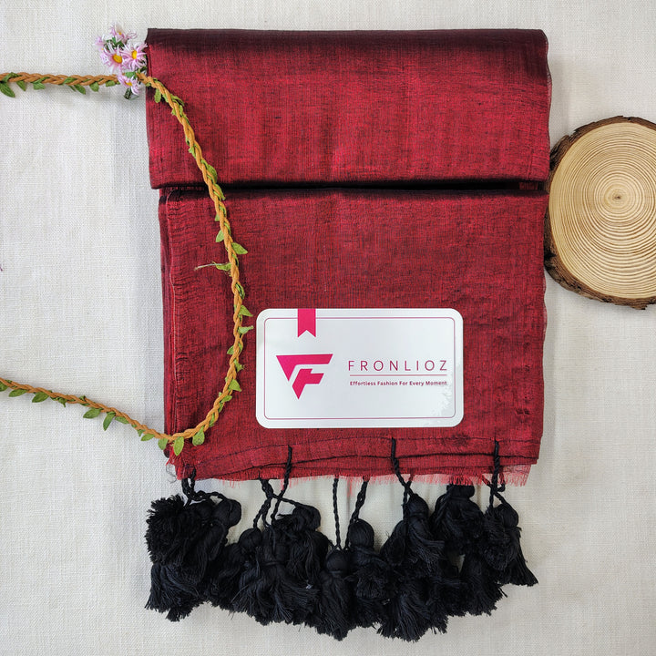 Marron And Black Pom Pom Handloom Raga Tissue Saree-Fronlioz