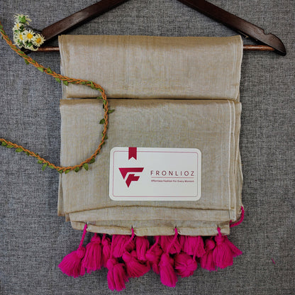 Cream And Pink Pom Pom Handloom Raga Tissue Saree-Fronlioz