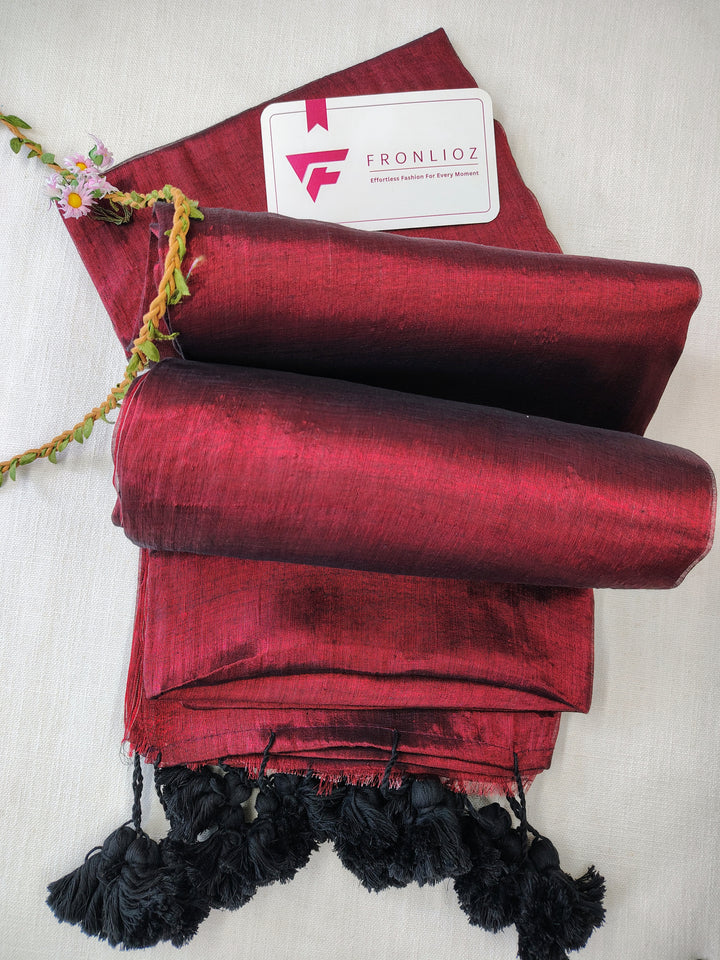 Marron And Black Pom Pom Handloom Raga Tissue Saree-Fronlioz
