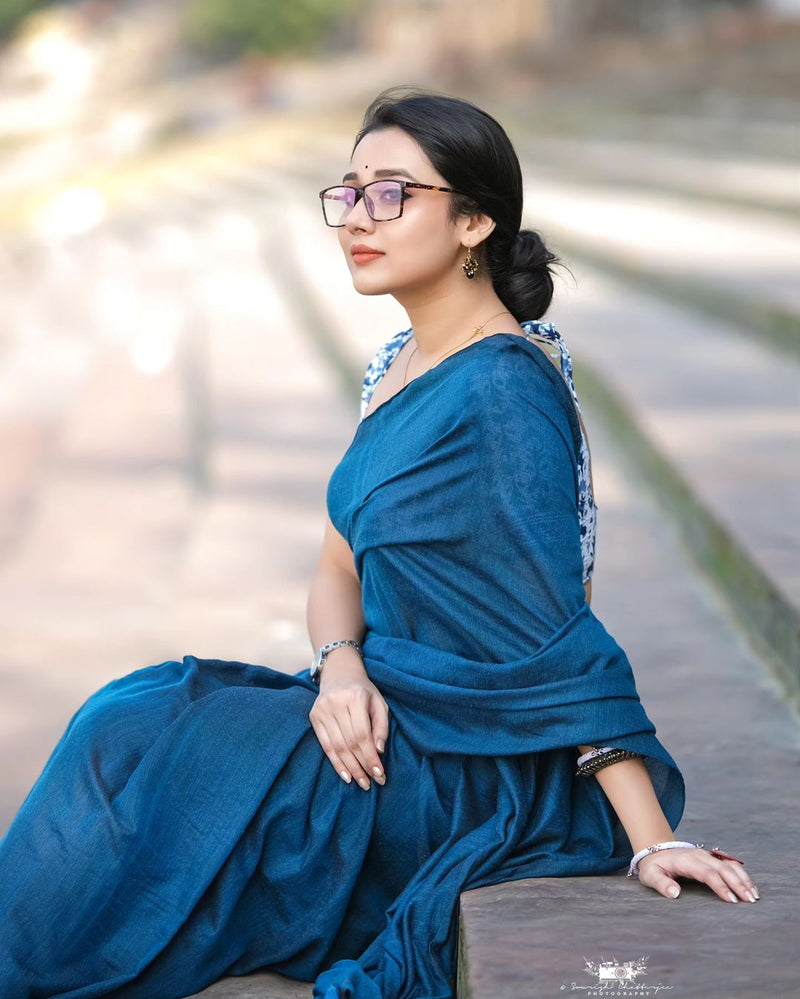 Blue Colour Traditional Looking Chanderi Cotton Saree