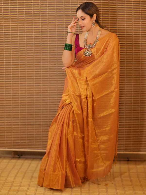 Mustard Yellow Tissue Mul Saree