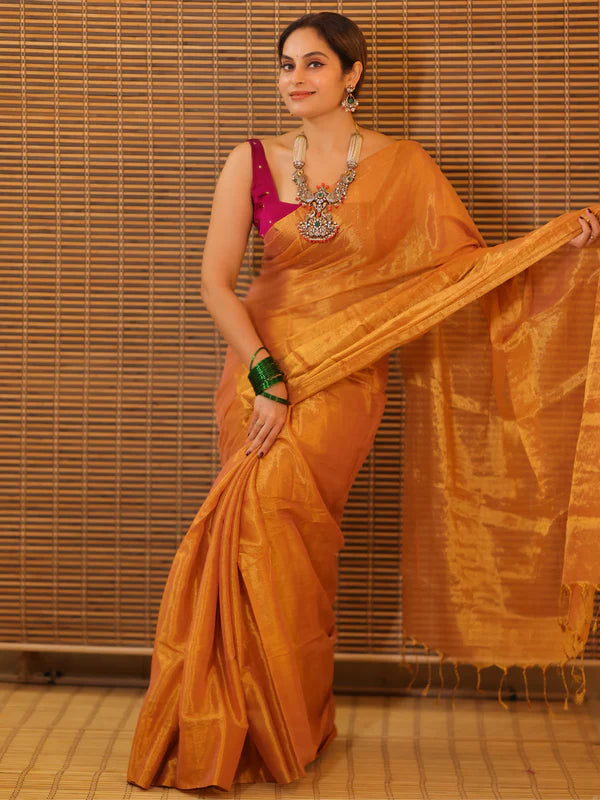 Mustard Yellow Tissue Mul Saree