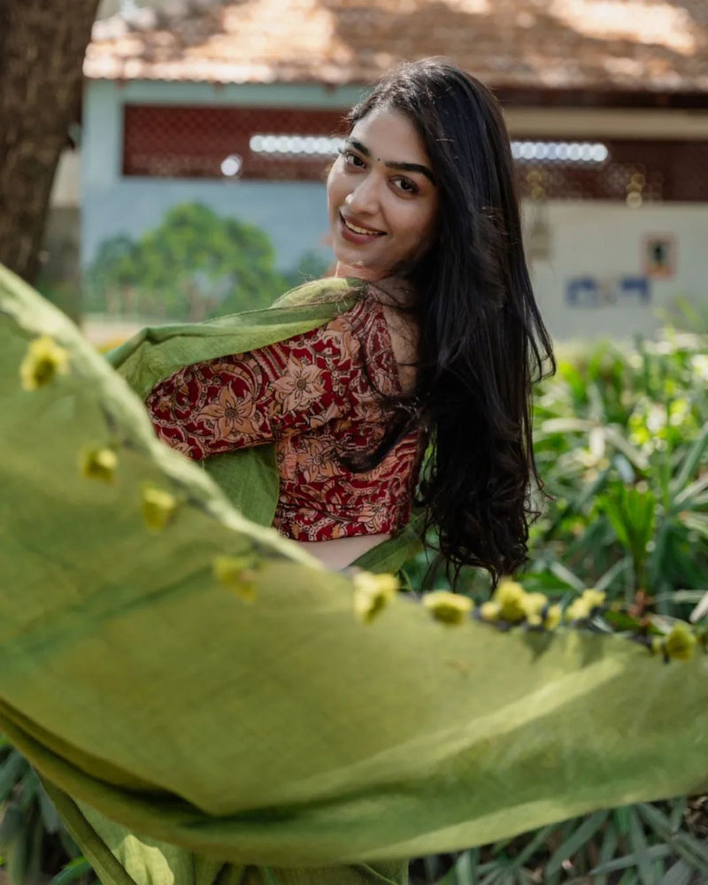 Olive colour traditional looking chanderi cotton saree