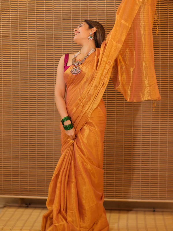 Mustard Yellow Tissue Mul Saree