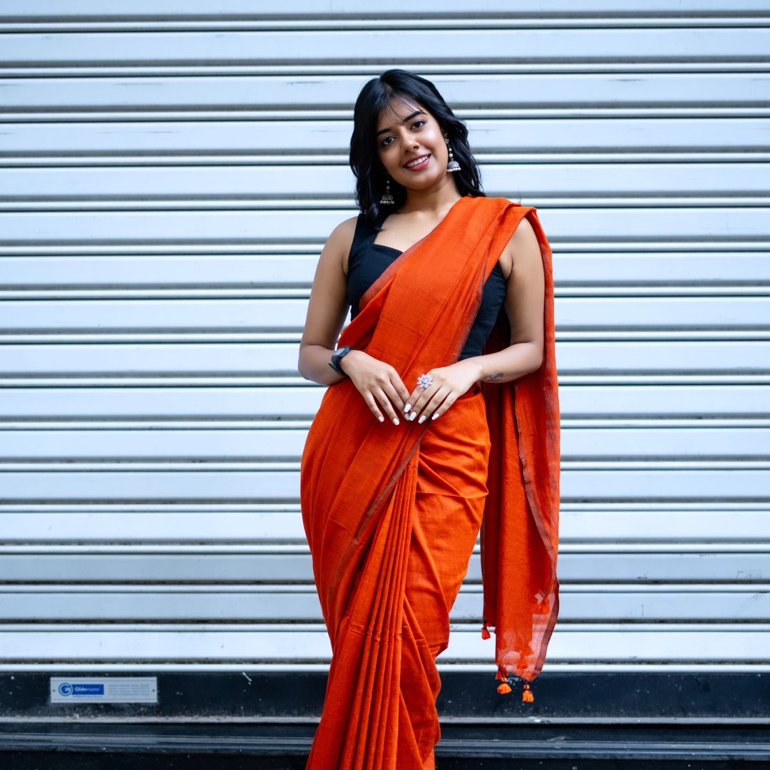 ORANGE COLOUR TRADITIONAL LOOKING CHANDERI COTTON SAREE