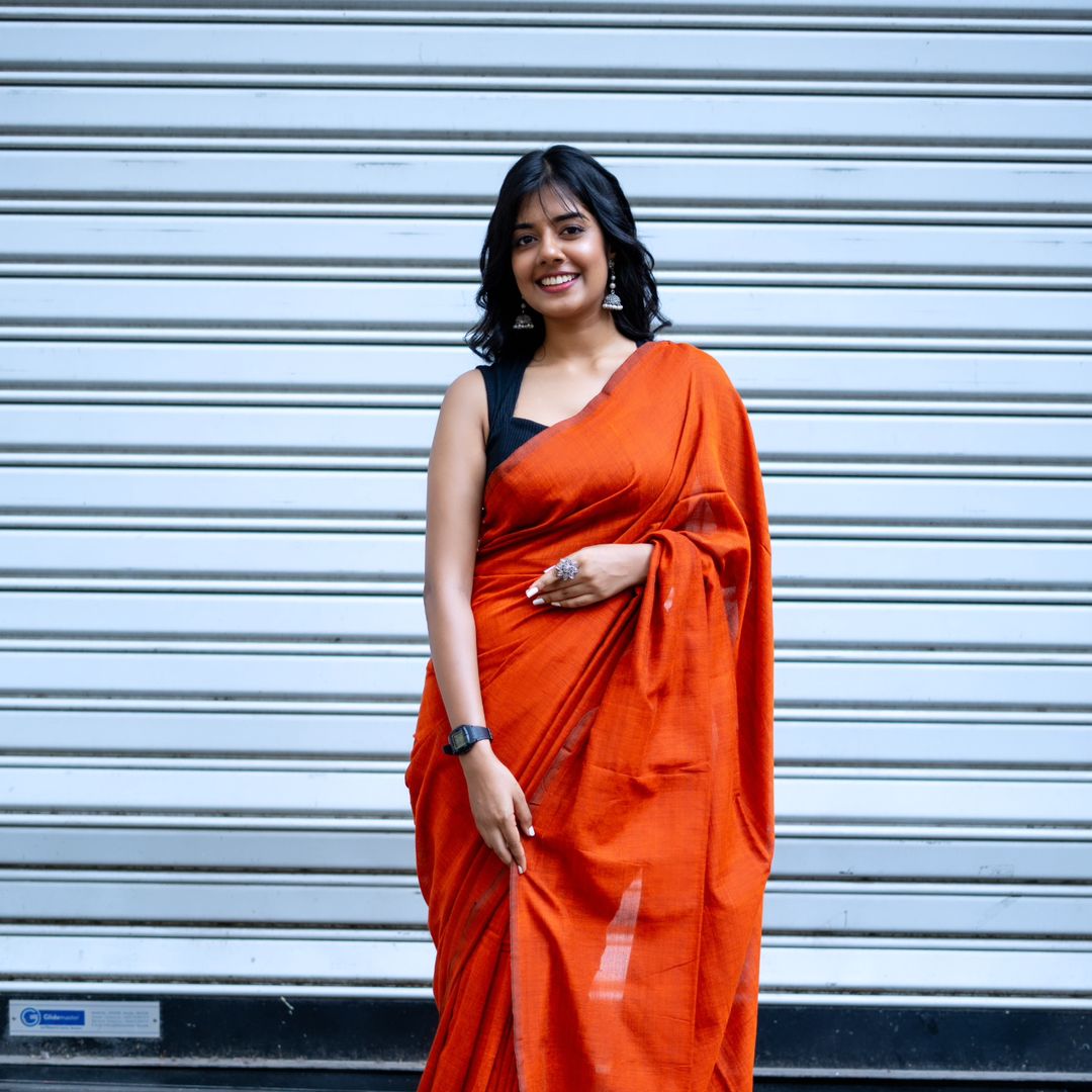 ORANGE COLOUR TRADITIONAL LOOKING CHANDERI COTTON SAREE