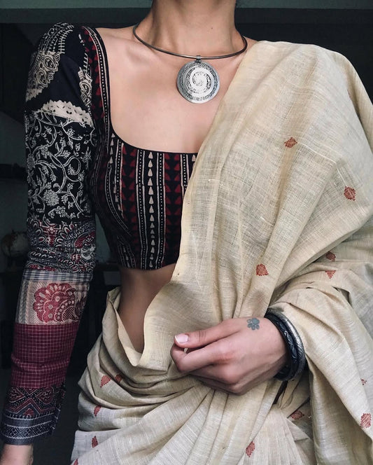 CREAM PRINTED LINEN SAREE