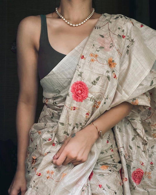 LINEN CREAM PRINTED SAREE