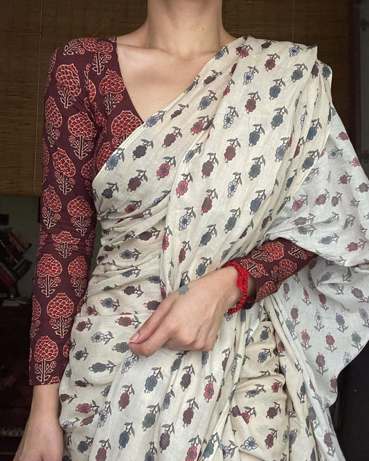 LINEN CREAM PRINTED SAREE