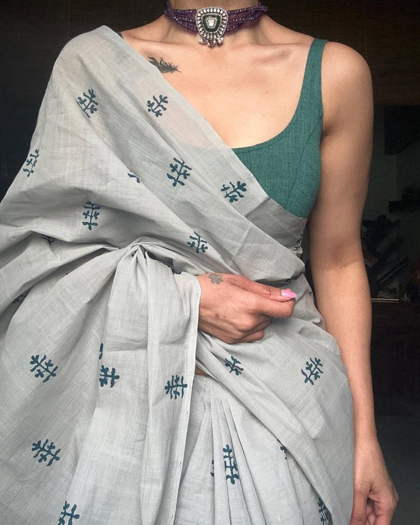 GREY LINEN PRINTED SAREE